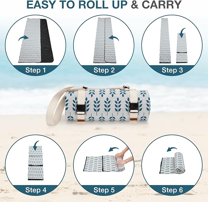 Picnic Blankets Washable | Beach Mat Sand Free Waterproof | Camping Blankets | Emergency Blankets | Picnic Baskets Accessories with Waterproof Backing and Shoulder Strap - BlueLeaf
