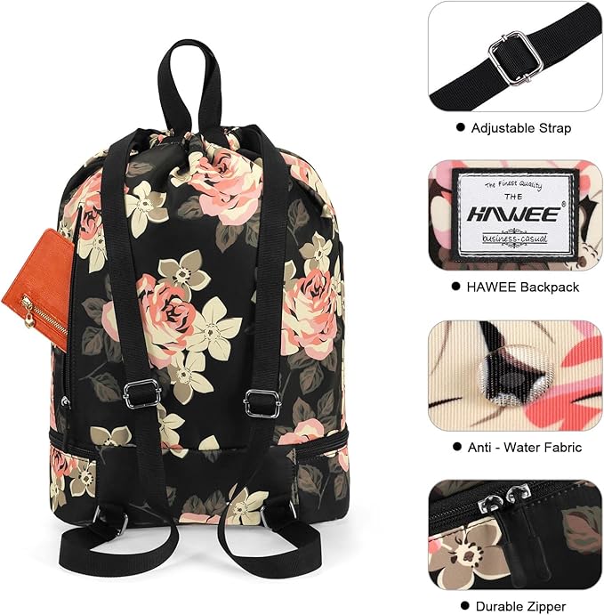 Dry Wet Drawstring Backpack with Shoe Compartment for Women Adjustable Gym Bag