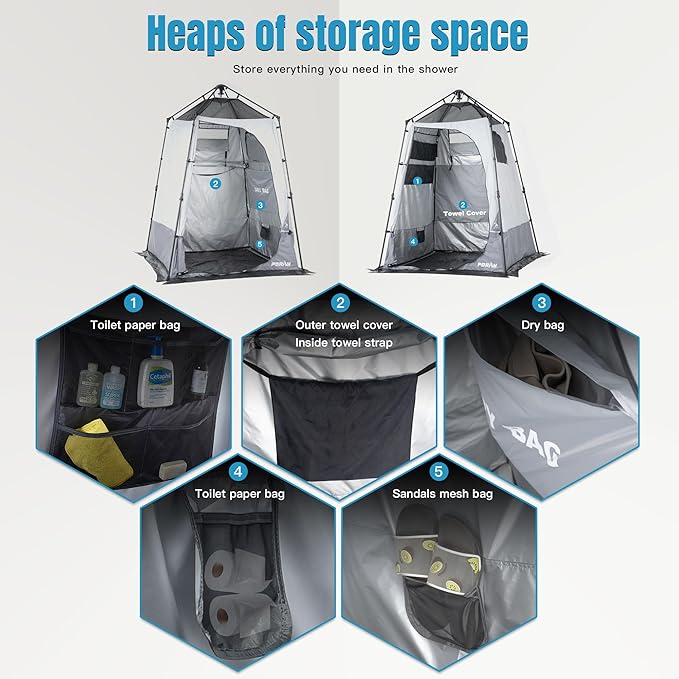 Portable Camping Shower Tent Deluxe Changing Room with Shower Bag Easy Set Up Privacy Shelter,Large Toilet Tent with Floor Drain Design for Beach,Camping,Hiking with Stakes and Ropes for Stability