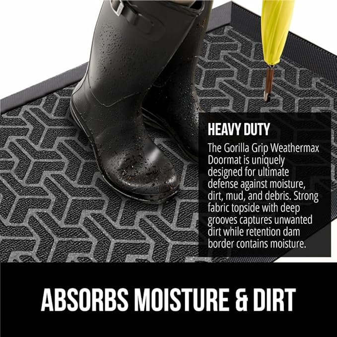 GORILLA GRIP 100% Waterproof All-Season WeatherMax Doormat, 23x35, Durable Natural Rubber, Stain and Fade Resistant, Low Profile, Indoor Outdoor Door Mats, Easy Clean Patio Entry Mat, Slate Geometric