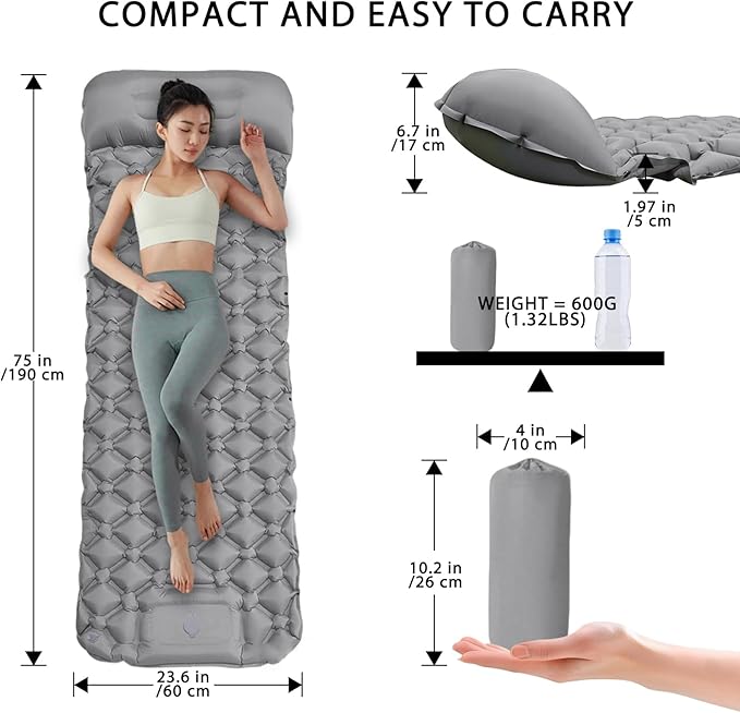 MEI&CO Ultra-Light Inflatable Sleeping Pad with Built-in Pillow & Foot Pump – for Camping, Hiking & Backpacking – Single Pad with Side Buttons for Double Conversion (1, Gray)