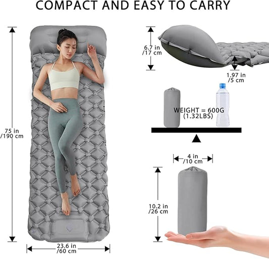 MEI&CO Ultra-Light Inflatable Sleeping Pad with Built-in Pillow & Foot Pump – for Camping, Hiking & Backpacking – Single Pad with Side Buttons for Double Conversion (1, Gray)