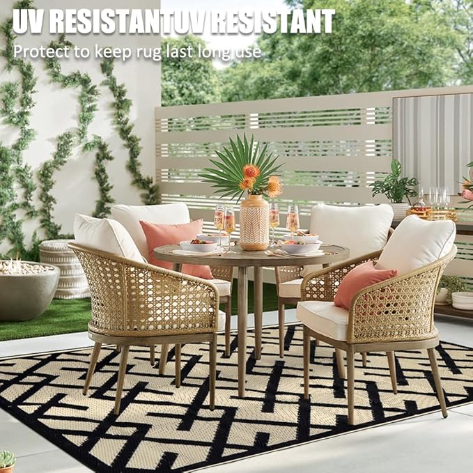 LILIOFFIC Outdoor Rugs - Reversible Mats, 9'x12' Plastic Straw Rug for Patio Clearance Waterproof, Indoor Outdoor Area Rug Carpet for Outside, RV, Deck, Picnic, Beach, Trailer, Camping, Black & Beige