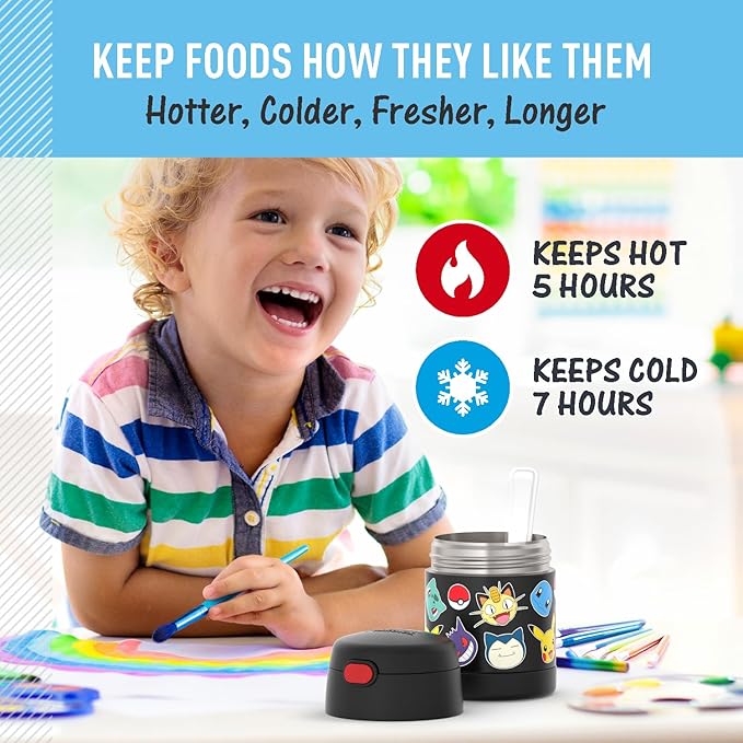 THERMOS FUNTAINER 10 Ounce Stainless Steel Vacuum Insulated Kids Food Jar with Spoon, POKEMON