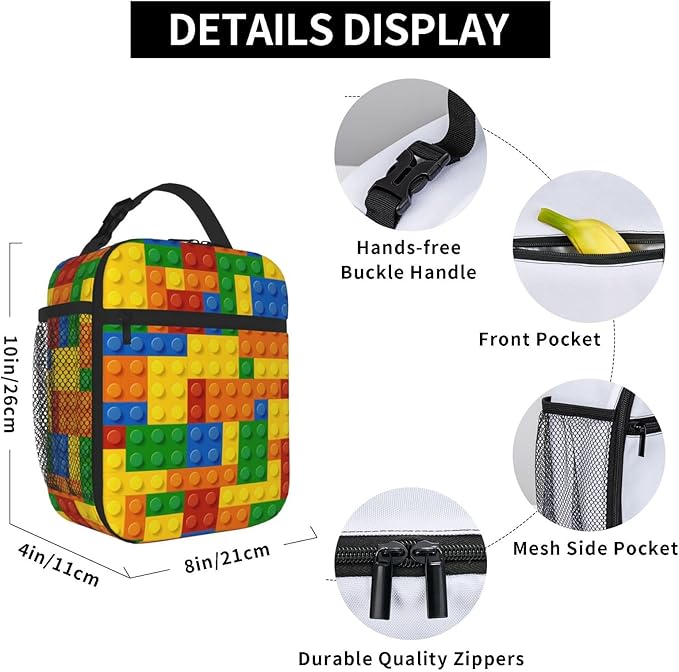 Fun Blocks Colorful Insulated Lunch Bag Reusable Cooler Lunch Box Portable Leakproof Thermal Container Tote Bags for Girls Boys School Travel