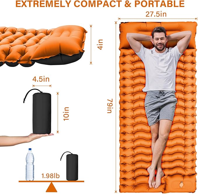Camping Sleeping Pad, Ultralight Camping Pad with Pillow Built-in Foot Pump Inflatable Sleeping Mat Compact for Camping Backpacking Hiking Traveling - Orange, Single