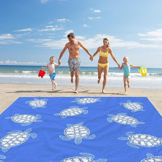 Beach Blanket Waterproof Sandproof, Blue Baby Sea Turtle Polyester Beach Mat Sand Free for 2-4 Adult, Extra Large Portable Compact Picnic Blankets for Outdoor, Travel,Camping,Hiking