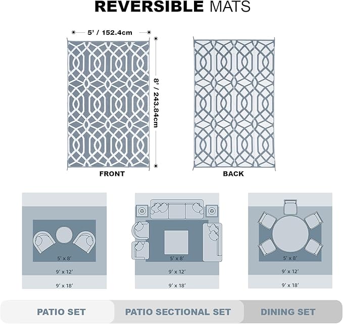 wikiwiki Outdoor Rug, 5x8ft Waterproof Reversible Mat Indoor Outdoor Rugs Carpet, Small Area Rug Plastic Straw Rug for Patio Deck Balcony Pool RV Camping Beach Picnic, Grey, Rugscape Series