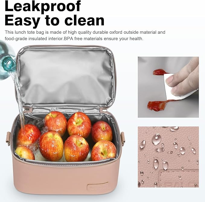 BALORAY Lunch Bag for Women Men, Double Deck Lunch Box for Adults, PU Leather Lunch Tote Bag Insulated Lunch Bags with Strap for Work Office Picnic