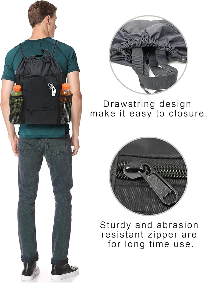 BeeGreen Drawstring Backpack Sports Gym Bag With Shoe Compartment and Two Water Bottle Holder …