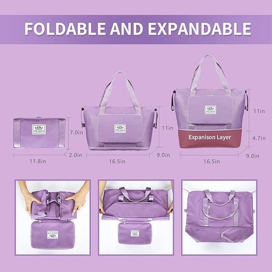 Expandable Travel Duffel Tote Bag - Foldable Overnight Weekender, Carry-On, Swim & Gym Bag - Fits Spirit Airlines Personal Item Size - Lightweight, Waterproof & Durable with Trolley Sleeve,Purple