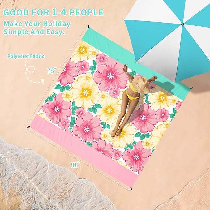 BYDOLL Beach Blanket Waterproof Sandproof 78''×81'' Suits1-4 Adults Compact Lightweight Oversized Sand-Free Blanket Large Picnic Mat for Beach Travel Camping Hiking