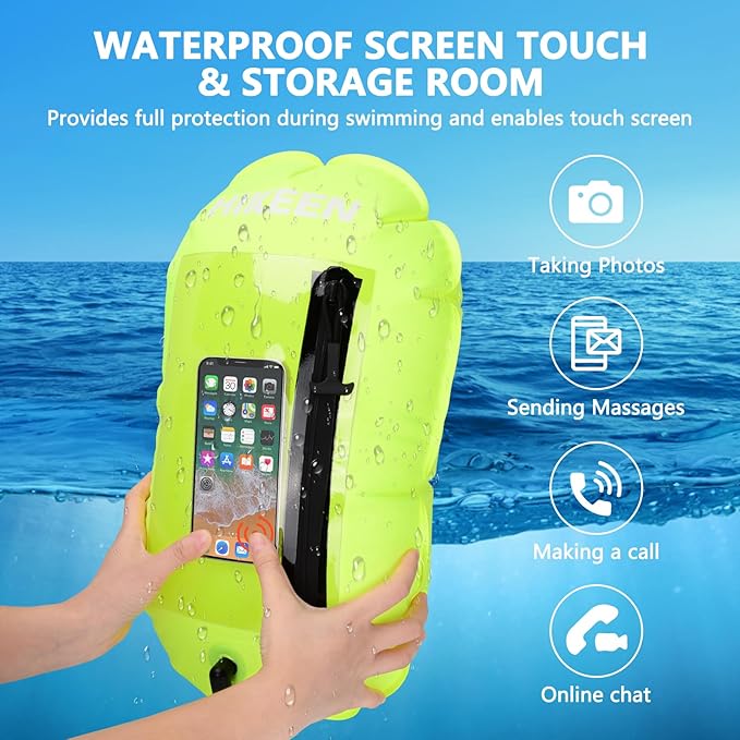 Hikeen Swim Buoy -Waterproof Touchscreen Storage Space, Swim Safety Float w/Adjustable Waist Belt for Open Water Swimmers and Triathletes -Be Bright,Be Safer & Be Seen Green