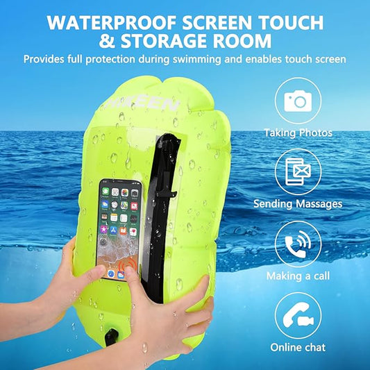 Hikeen Swim Buoy -Waterproof Touchscreen Storage Space, Swim Safety Float w/Adjustable Waist Belt for Open Water Swimmers and Triathletes -Be Bright,Be Safer & Be Seen Green