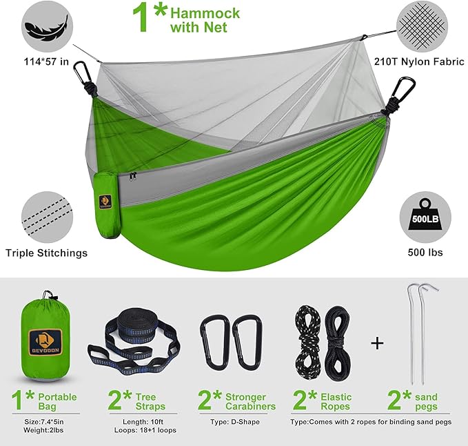 Camping Hammock with Net,Travel Portable Lightweight Hammocks with Tree Straps and Solid D-Shape Carabiners,Parachute Nylon Hammock for Outsides Backpacking Beach Backyard Patio Hiking