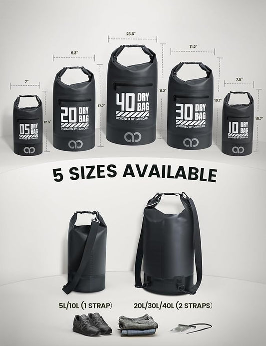 Lamicall Dry Bag Waterproof Backpack - [Zippered Pocket] 10L/20L Roll Top Waterproof Bag with Water proof Phone Case, Floatable Drybag for Swimming, Boating, Kayaking, Camping, Beach