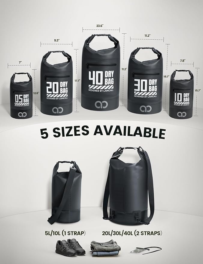 Lamicall Dry Bag Waterproof Backpack - [Zippered Pocket] 10L/20L Roll Top Waterproof Bag with Water proof Phone Case, Floatable Drybag for Swimming, Boating, Kayaking, Camping, Beach