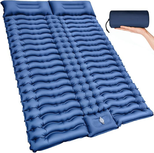 Double Sleeping Pad for Camping- Self Inflating 4" Extra-Thick with Pillow Built-in Foot Pump Inflatable Sleeping Mat for Backpacking, Hiking, Traveling, Tent, Portable Camping Mat
