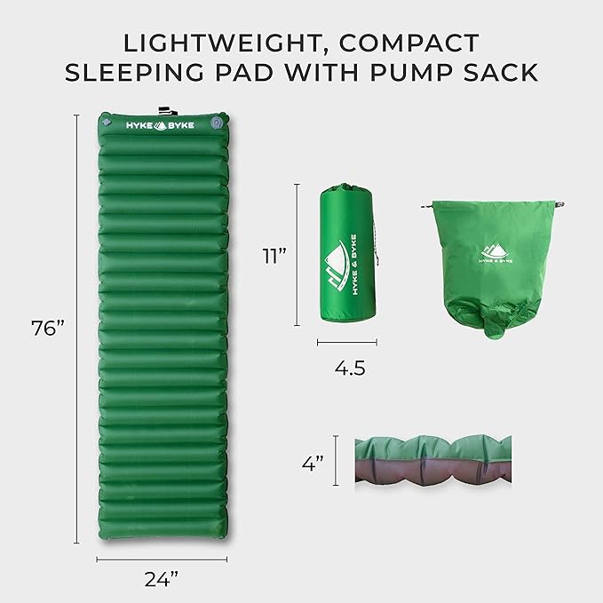 Hyke & Byke Appalachian Inflatable Sleeping Pad for Camping and Backpacking - WR 70 D Ripstop Nylon Fabric - 76 x 24 in - Long - Gray Green