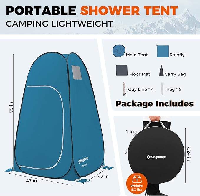 KingCamp Camping Shower Tent, Portable Outdoor Privacy Toilet & Changing Tent Windproof & Waterproof Easy Setup 1 or 2 Room Shelter with Shower Bag for Camping Hiking Beach