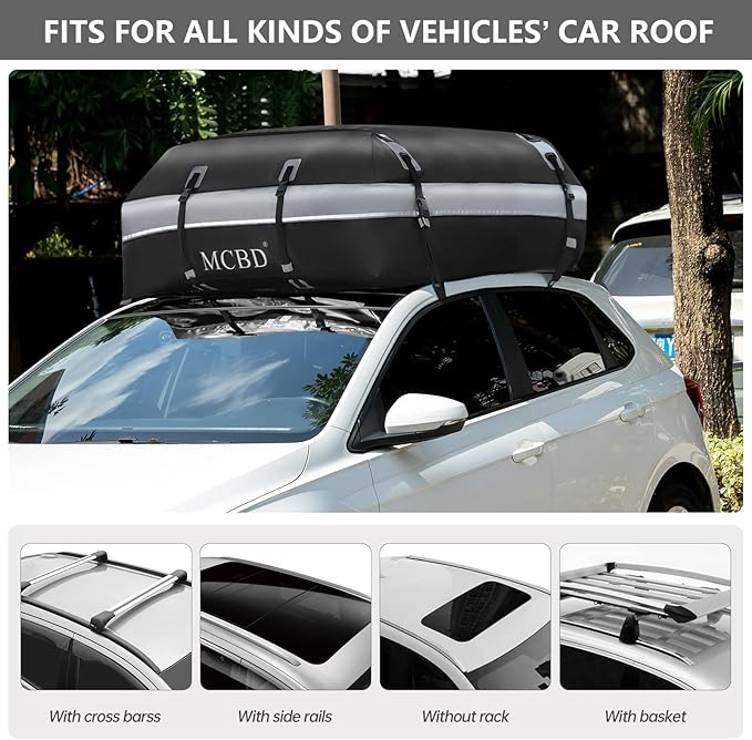 Rooftop Cargo Carrier Bag,15 Cubic Feet Soft-Shell Waterproof Car Roof Luggage Bag for All Vehicles SUV with/Without Rails,Includes 8 Reinforced Straps+4 Door Hooks,Storage Bag,Anti-Slip Mat,Gray