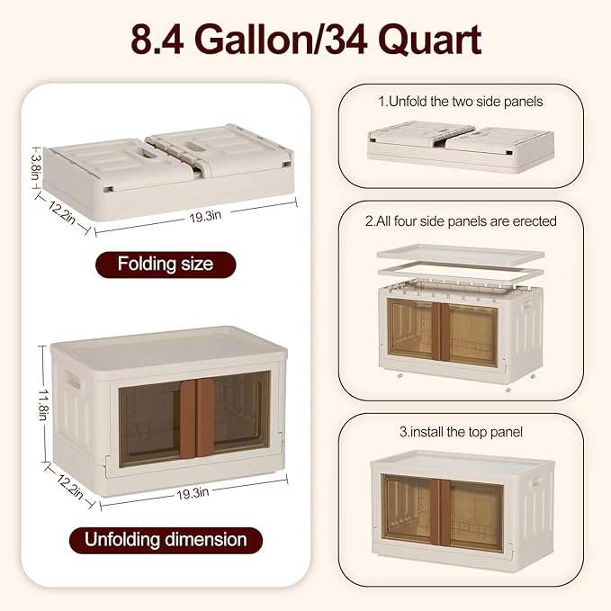 8.4Gal Collapsible Storage Bins with Lids & Wheels - 4 Pack Stackable with Doors, Heavy-Duty Plastic Containers for Home/Office, Milk White