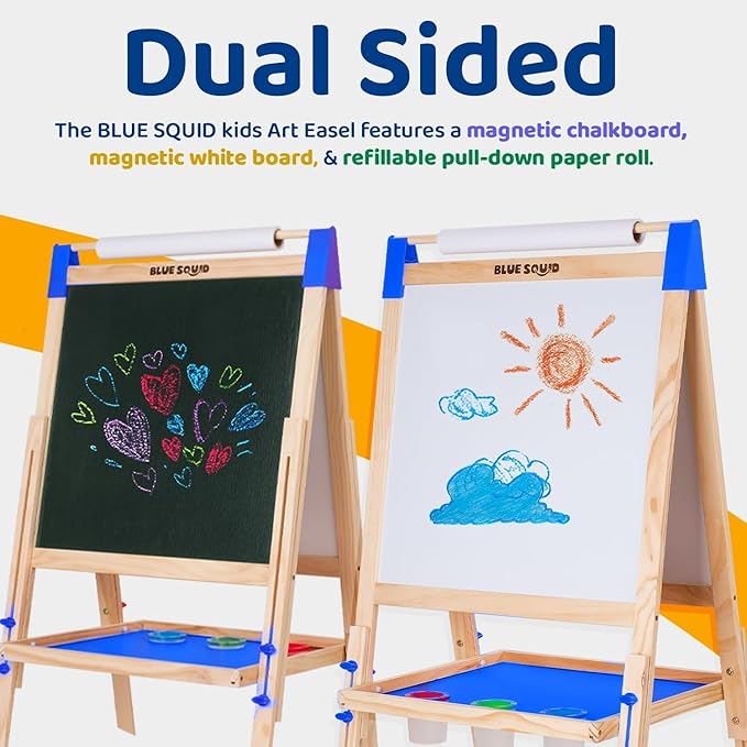 Blue Squid Art Easel for Kids - Dual-Sided Adjustable Wooden Painting Easels, Ideal Christmas Gift for Toddlers and Kid - with Magnetic Chalk Board, White Board & Paper Roll, Includes Accessories