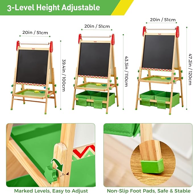 FUNLIO Anti-Warping Kids Art Easel, 3 Height Adjustable for Kids Aged 2-8, All-in-One Toddler Easel with Paper Roll & Erasable Frame, Standing Easel with Magnetic Chalkboard/Whiteboard (Green)