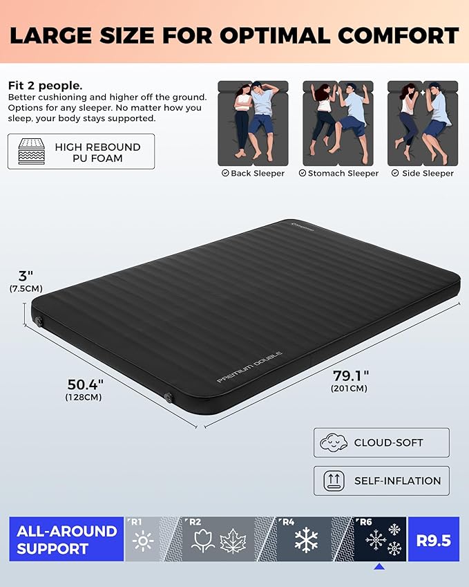 KingCamp Self Inflating Sleeping Pad for Camping Ultra Thick Double Single Foam Mattress High R Value Camping Air Pad Mat, Multi Colors & Sizes