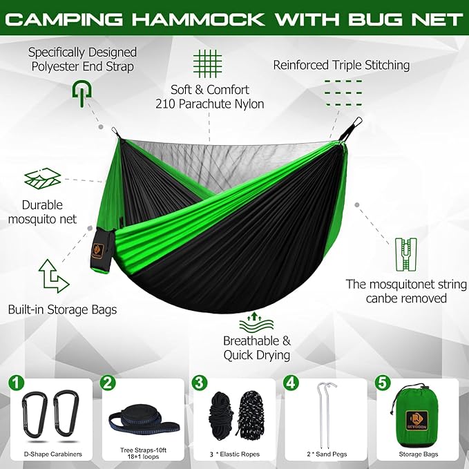 Camping Hammock, Portable Hammocks with Mosquito Net,Lightweight Nylon Parachute Hammock with 10ft Tree Straps,Camping Gear Must Haves for Travel Hiking Backpacking Beach Patio Black& Green