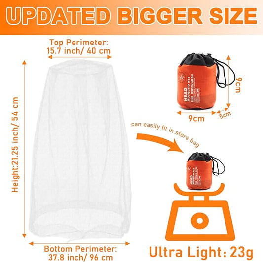 Benvo Mosquito Head Net, Face Neck Fly Netting Hood from Bugs Gnats Noseeums Screen for Any Outdoor Lover - with Carry Bags Fits Most Sizes of Hats Caps (2pcs, White, Updated Big Mesh)