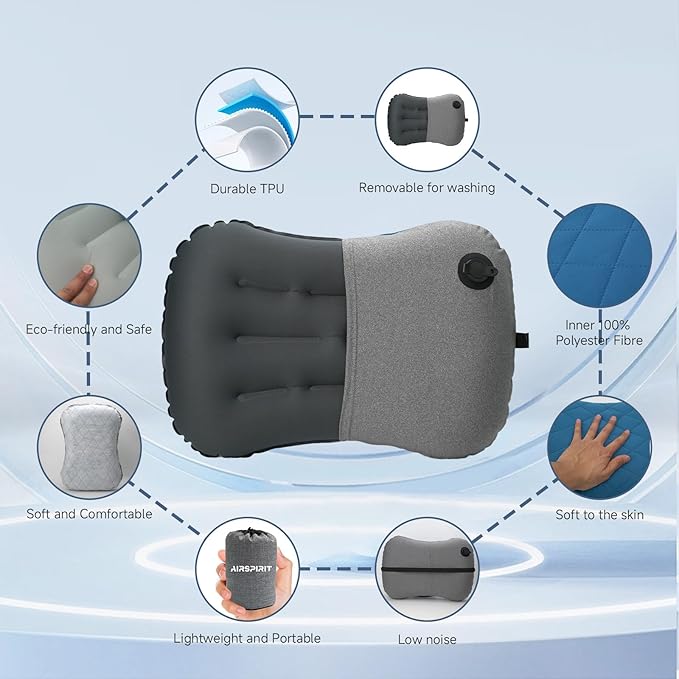 Inflatable Camping Pillow Ultralight Adjustable Firmness, TPU Travel Pillow for Neck & Lumbar Support, Hiking, Backpacking, Airplane, Car Travel & Beach with Removable Washable Cover (Black)