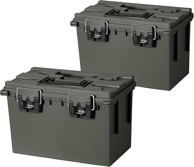 Sheffield 12774 2-Pack XL Ammo Storage Box, Stackable .50 Cal Field Boxes, Water and Dust Resistant, Lockable Storage Box with Handle, Heavy Duty Protection for Hunting Gear, Made in the USA, Green