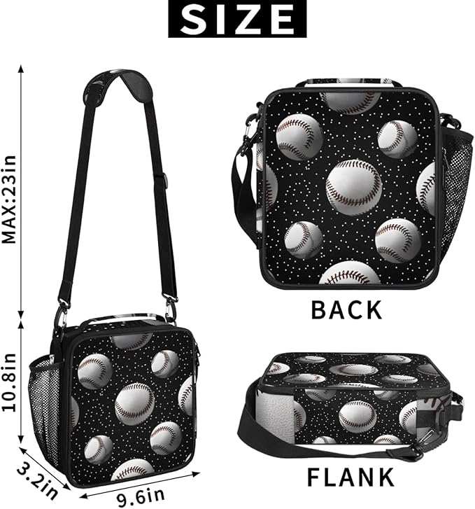 Baseball Black Kid Lunch Bags with Shoulder Strap Insulated Lunch Boxes for Boy Girls Waterproof Thermal Cooler Tote Bag Portable Picnic Bag for School Work Outdoor Gifts