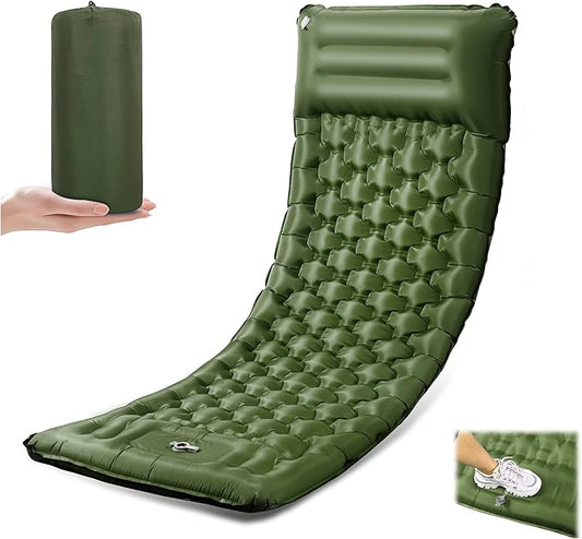 Sleeping Pad for Camping, Ultralight 4.7" Extra-Thick Inflatable Camping Mat with Pillow Built-in Foot Pump, Compact Lightweight Air Mattress for Backpacking Hiking Car travel Tent, Military Green