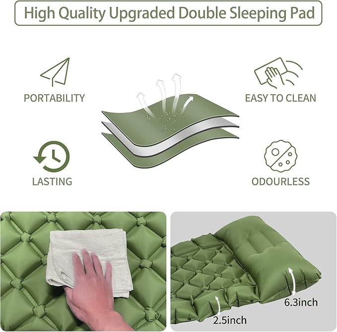 Single Sleeping Pad for Camping, Ultralight Inflatable Sleeping Mat with Pillow and Built-in Foot Pump, Portable Camping Mattress for Tent, Backpacking, Hiking, Traveling (Single,Green)