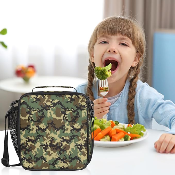 Pardick Camouflage Themed Boys Lunch Bag,Camo Army Green Kids Insulated Lunch Box with Adjustable Shoulder Strap Waterproof Lunch Bento Tote Bag Thermal Lunch Box for School Picnic Travel Outdoor