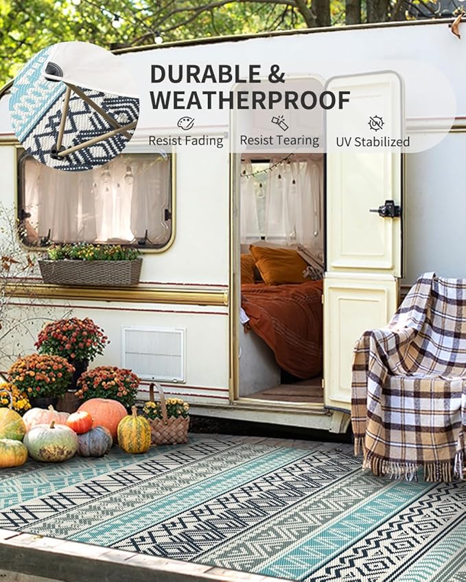 MontVoo Outdoor Rug Carpet 8x10 Waterproof-Patio Rug Mat Reversible RV Camping Rug Picnic Mat Plastic Straw Outside Rug for Balcony Porch Deck Beach-Boho Outdoor Area Rug for Patio Decor Colorful