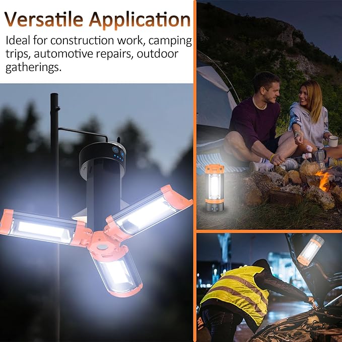 Rechargeable LED Camping Light with Detachable Tripod, 10000mAh Cordless Work Light with Adjustable 3 LED Lamp Heads, Dimmable Magnetic Lamp for Garage, Camping, Outdoor Emergencies, Orange