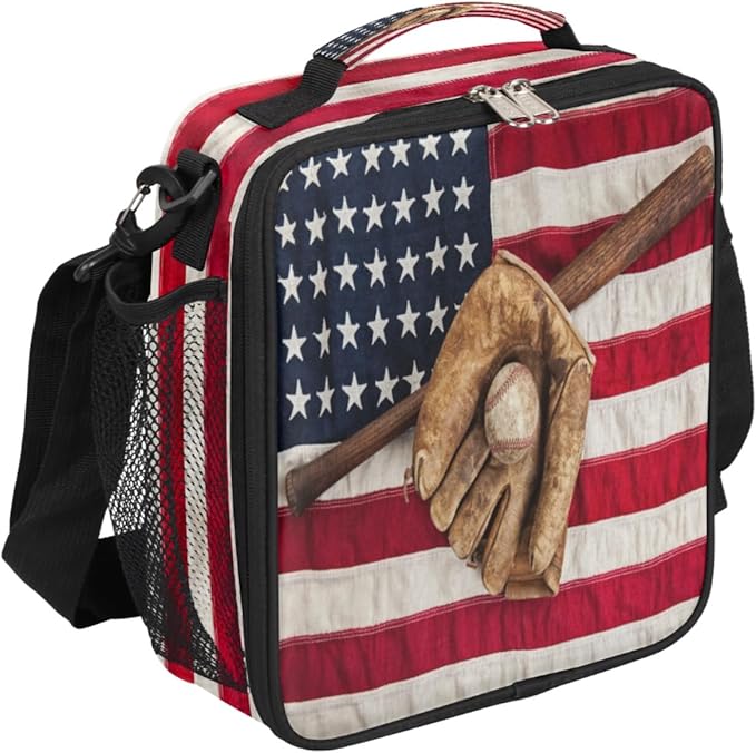 Baseball Usa Flag Insulated Lunch Bag for Girls Boys Teen Reusable Lunch Box with Shoulder Strap Freezable Thermal Cooler Bag Meal Prep Boxs for School Travel Picnic Beach Lunch Pail