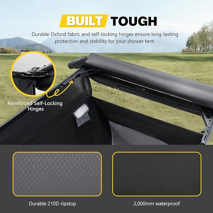 BUNKER INDUST Vehicle Side Shower Tent with Roof, Car Portable Privacy Shower Bathroom, Outdoor Camping Awning Shower Room Waterproof, Built-in LED Light for Night, Black