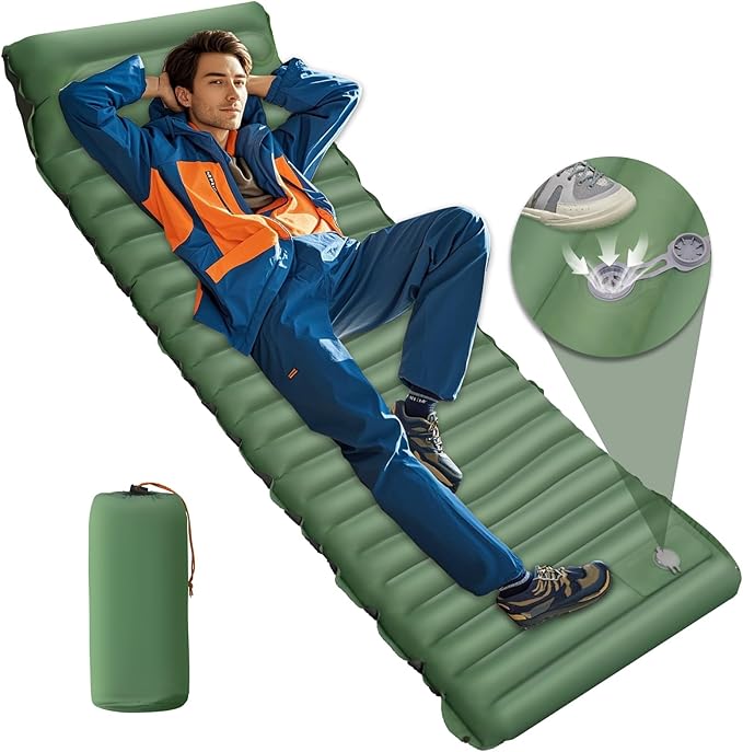 Camping Sleeping Pad - Camping Mattress, 4" Thick Ultra-Light, Pillow Built in Foot Pump, Thickened and Silent Anti-air Leakage, Hiking Camping, Family Trips Green