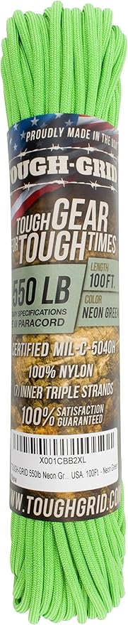 TOUGH-GRID Premium Neon Green Paracord 550 lbs Made in USA Outdoor Survival Nylon Rope Tactical Heavy Duty Strands Parachute Cord Used by US Military Type III Mil-Spec