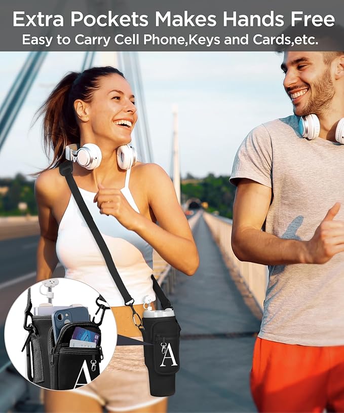 dabria Initial A-Z Water Bottle Bag with Phone Pocket for Stanley 40 oz Tumbler Neoprene Water Bottle Holder Pouch with Adjustable Strap Bollus with Straw Cover & Carabiner for Stanley Cup Accessories