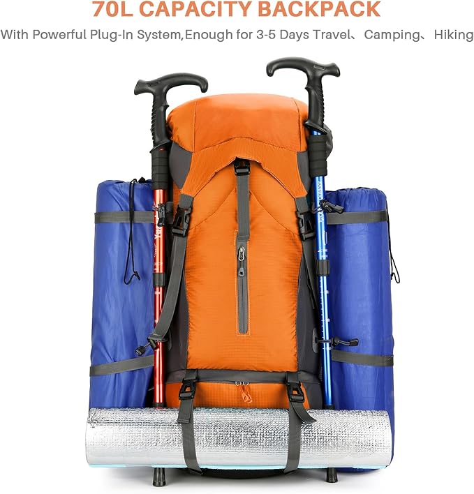 ShowyLive 70L Hiking Backpack - Lightweight Waterproof Travel Backpack for Men & Women, Large Camping Bag with Rain Cover & Adjustable Straps (Orange)