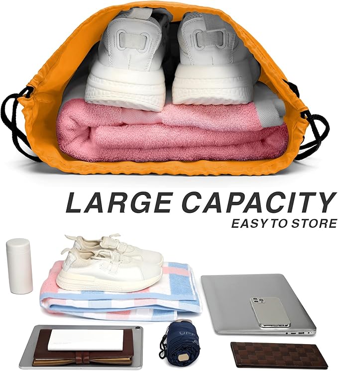 BuyAgain Drawstring Backpack Sports Water Resistant String Bag Sport Gym Sackpack for Women Men Large with Zipper, Orange