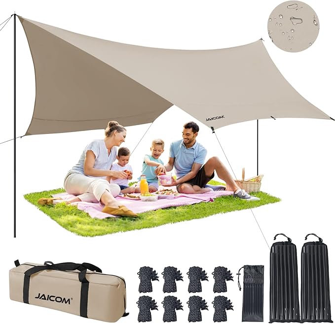 Camping Tarp, 14 X 12FT Tarp with 2 Poles, Waterproof & Lightweight Tent Tarp Car Awning, UV UPF50+ Rain Fly Sun Shelter Can Used with Hammock in Outdoor, Garden and Backpacking