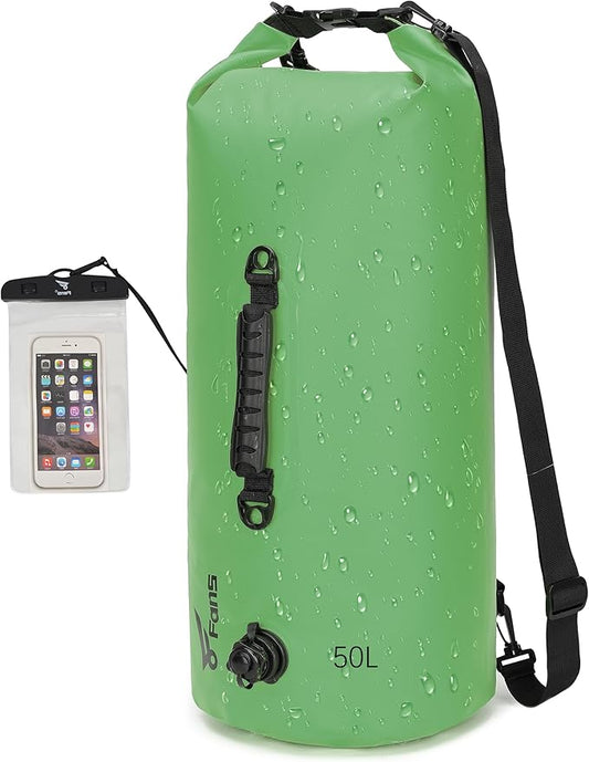 8 Fans Dry Bag Backpack Waterproof,50L Roll Top Bag with Phone Case, Perfect for Floating,Travel,Swimming,Boating,Kayaking,Camping,and Beach Activities(Air Release Valves, Green)