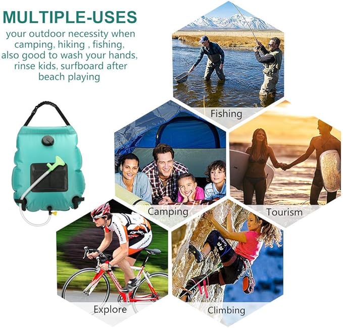 Solar Shower Bag | 5 Gal/20L Solar Heating Camping Shower Bag | Removable Hose | On-Off Switchable Shower Head | Ducha Portatil | Traveling Shower | Portable Shower for Beach Swimming, Hiking