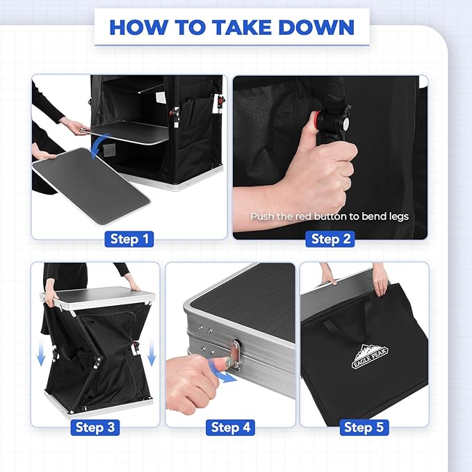 EAGLE PEAK Outdoor Folding Camping Table with Large 3-Tier Storage Organizer and Side Pockets, Easy Set Up Portable Aluminum Camping Kitchen, Black